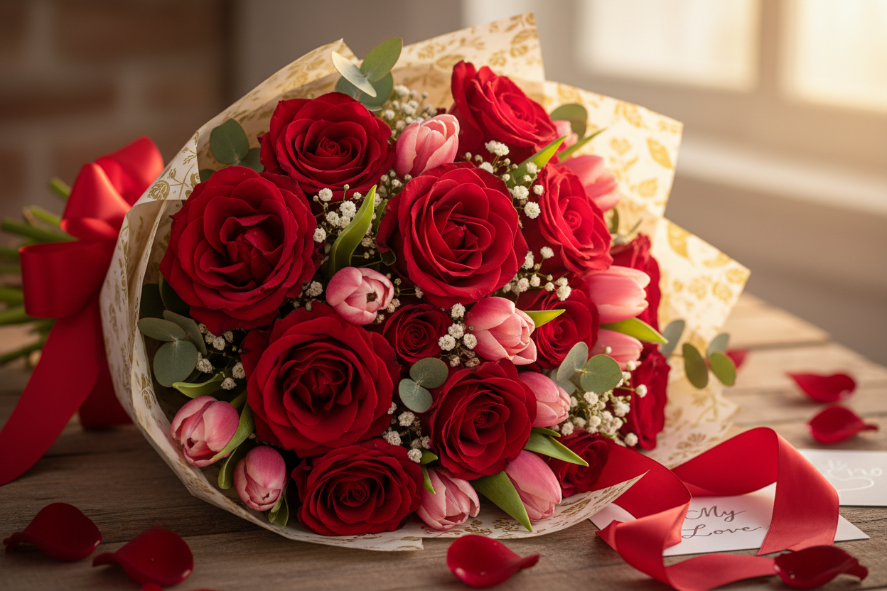 Valentine flower bouquet rose and tulip focus 